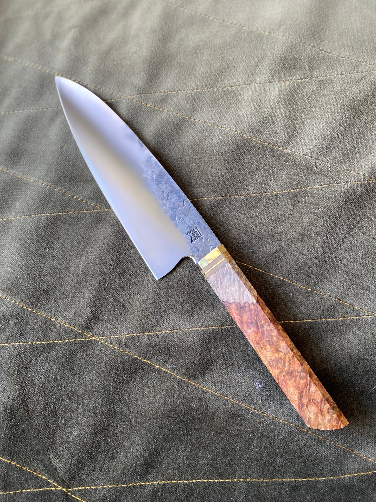 spicy white chefs knife with amboyna burl