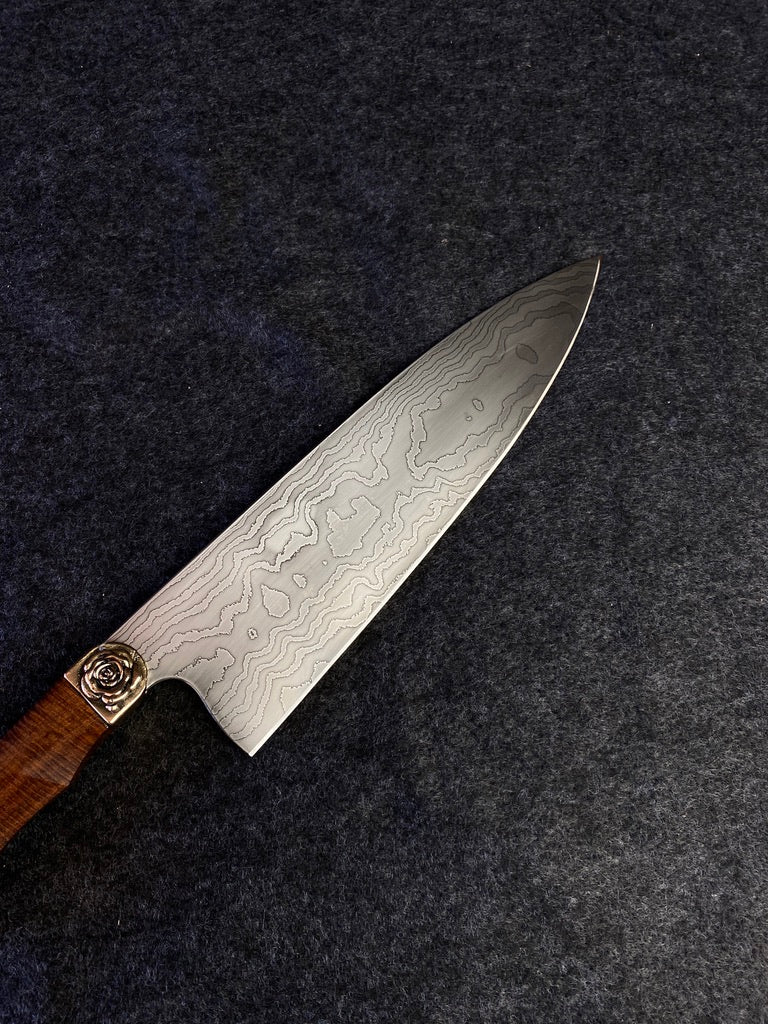 Damascus chefs with ringed myall and rose bolster