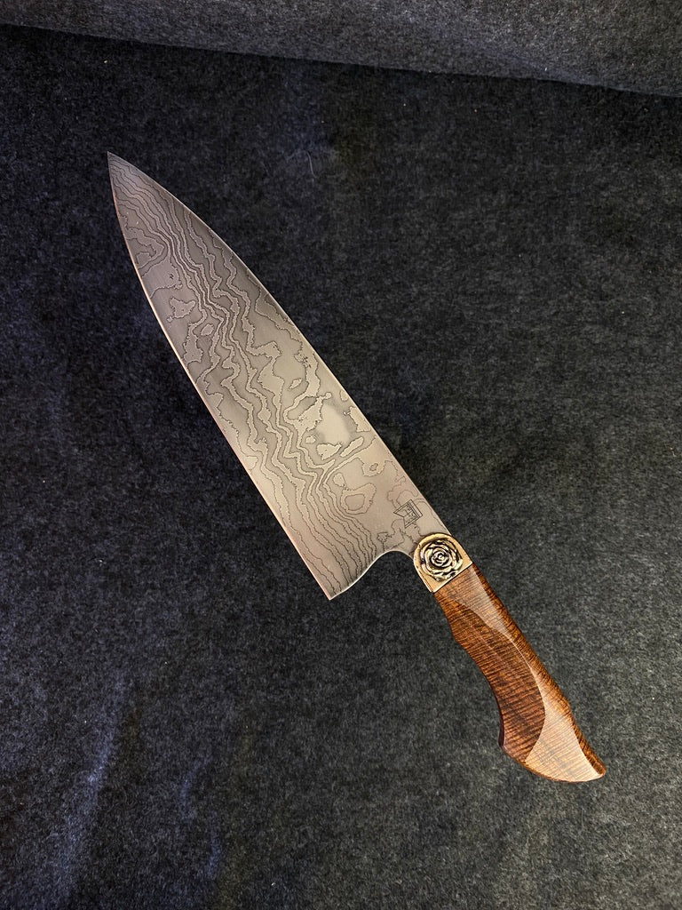 Damascus chefs with ringed myall and rose bolster