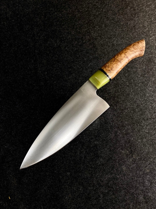 stainless 9" chefs knife with maple burl