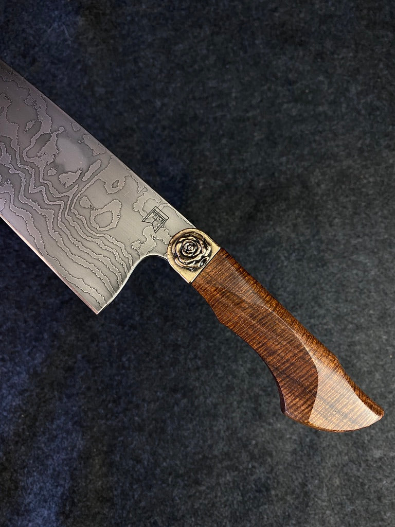 Damascus chefs with ringed myall and rose bolster