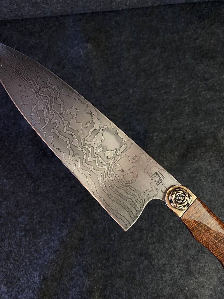 Damascus chefs with ringed myall and rose bolster