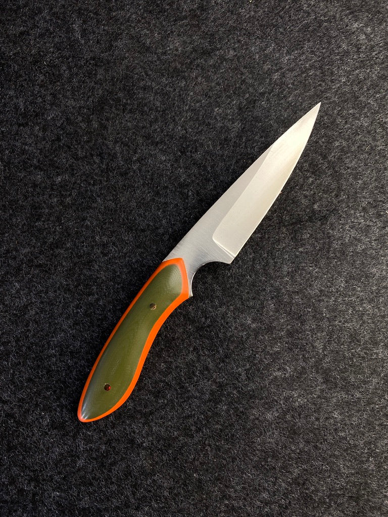stainless edc in orange and green g-10