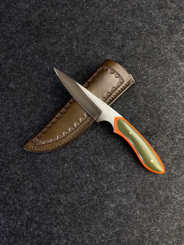 stainless edc in orange and green g-10