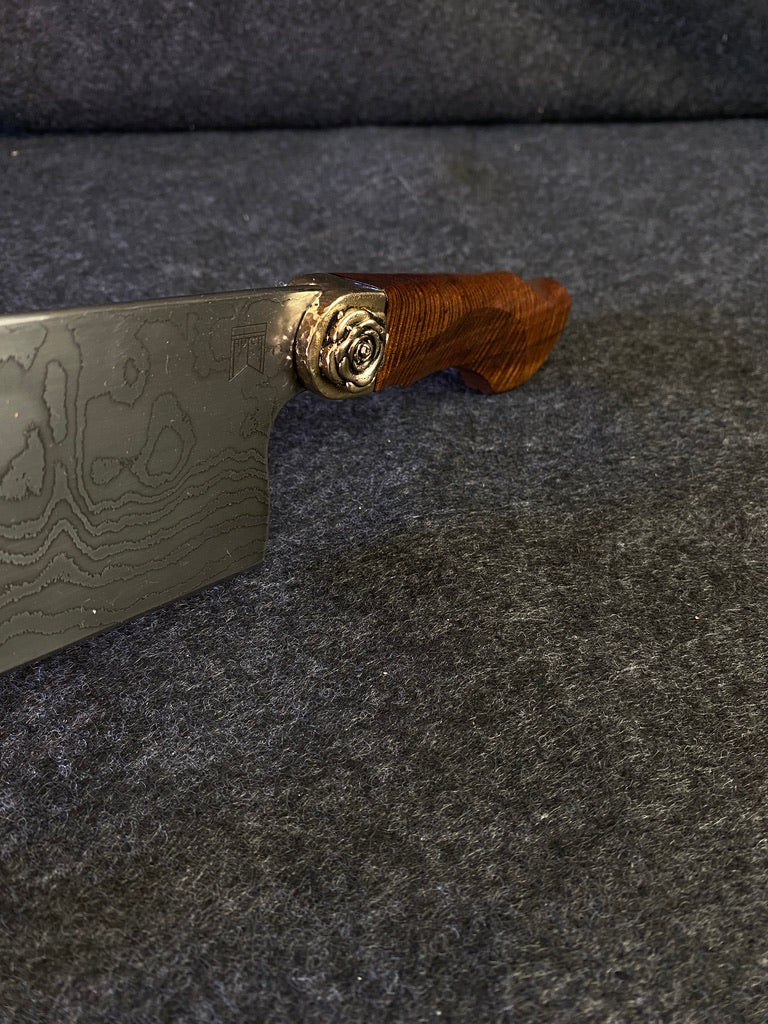 Damascus chefs with ringed myall and rose bolster