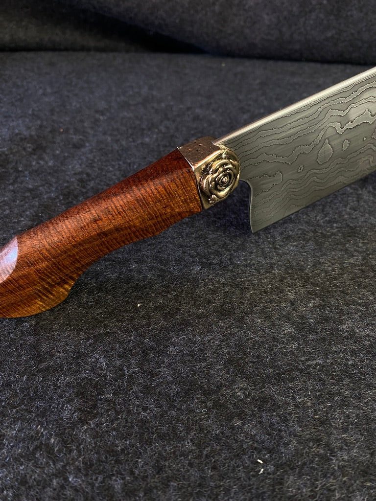 Damascus chefs with ringed myall and rose bolster