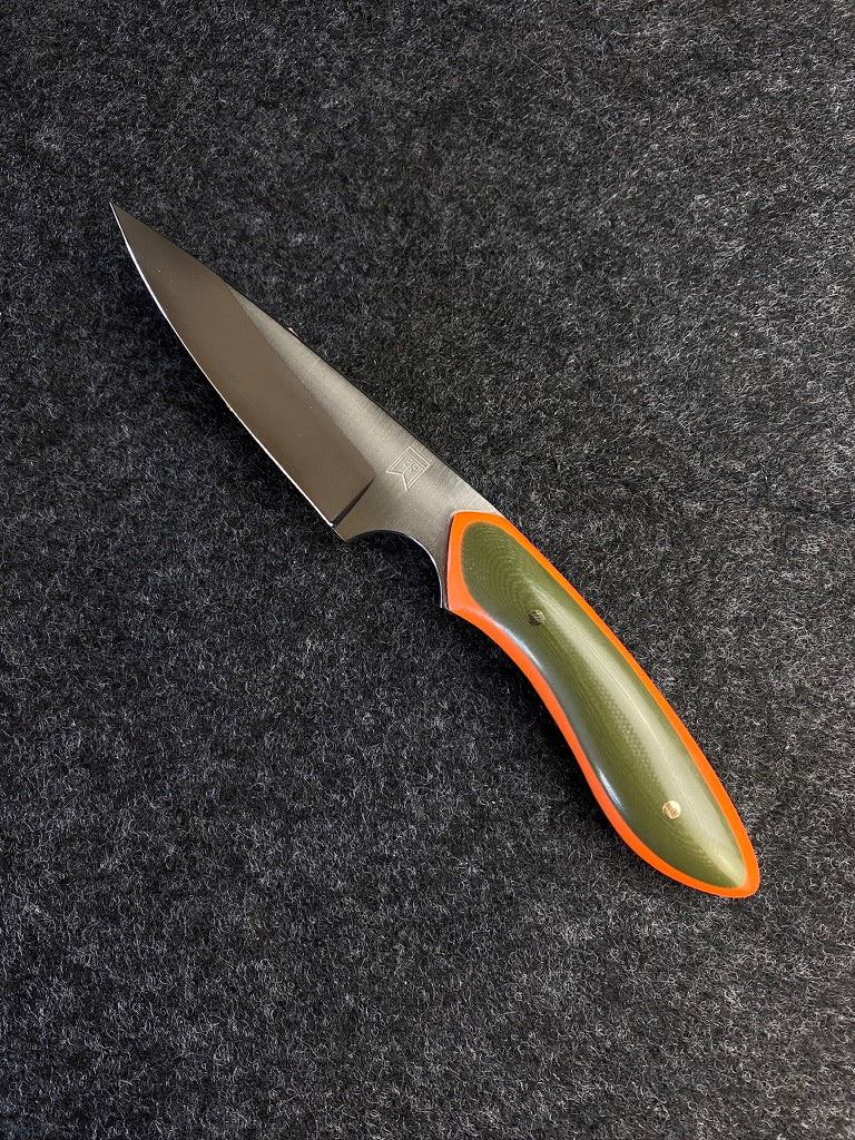 stainless edc in orange and green g-10