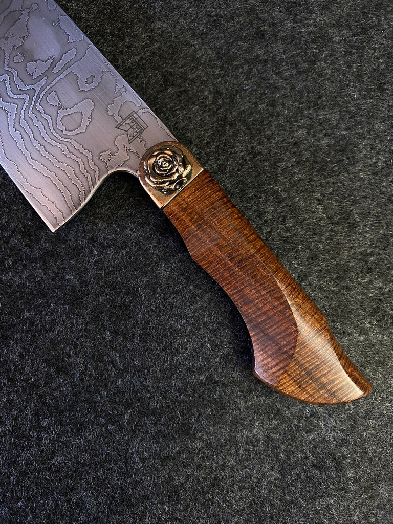 Damascus chefs with ringed myall and rose bolster